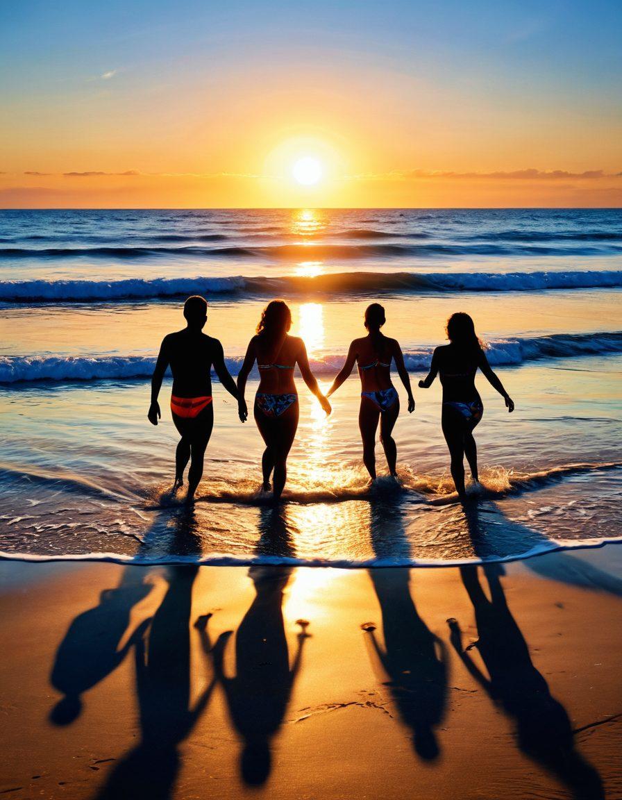 A serene beach scene depicting diverse individuals wearing vibrant swimwear, joyfully celebrating life amidst gentle waves. Soft sunlight casts a warm glow, highlighting both moments of laughter and quiet reflection on the shore. Graceful silhouettes of swimmers diving into the ocean symbolize the journey of life and resilience in the face of loss. Background should have calming blues and sandy hues to evoke a sense of peace and vitality. super-realistic. vibrant colors.