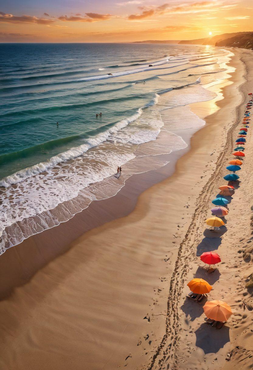 A tranquil beach scene at sunset, showcasing vibrant swimwear trends on diverse individuals enjoying life, with colorful umbrellas and gentle waves reflecting the warm hues of the sky. A serene path meandering toward the horizon symbolizes life's journeys, adorned with seashells and footprints. super-realistic. vibrant colors. peaceful atmosphere.